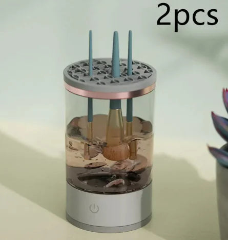 Portable Electric Makeup Brush cleaner showing brushes submerged in cleaning solution.