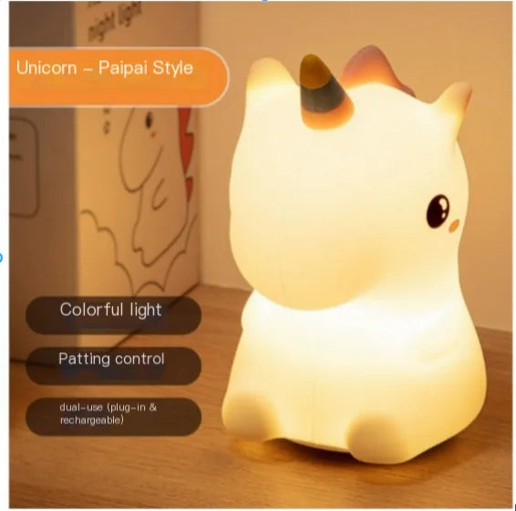 LED Unicorn Bedside Night Light with colorful light and patting control, ideal for children's rooms.