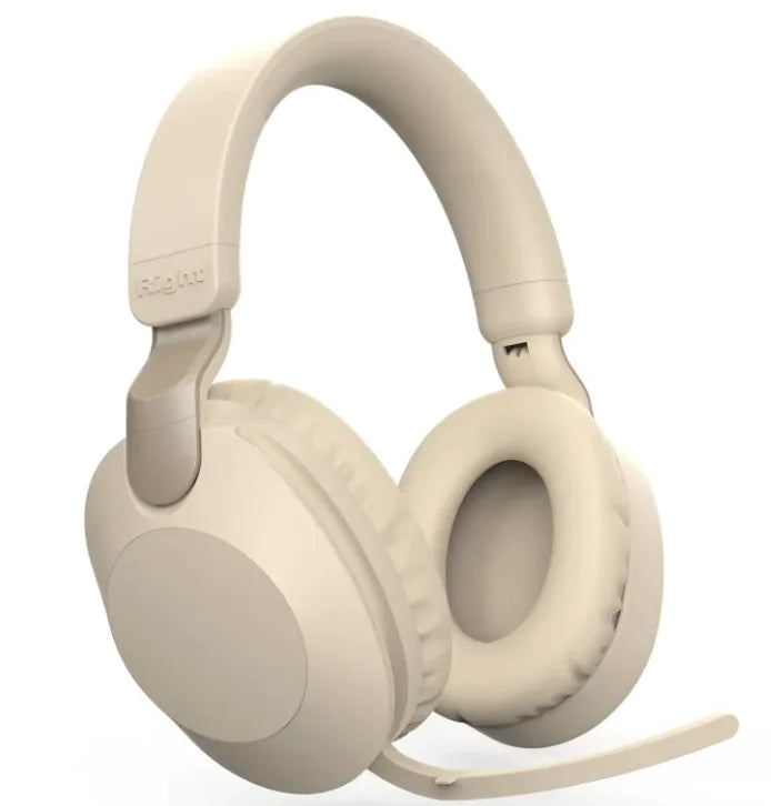 Wireless Headset With Bluetooth in beige color, featuring a microphone and comfortable ear cushions.